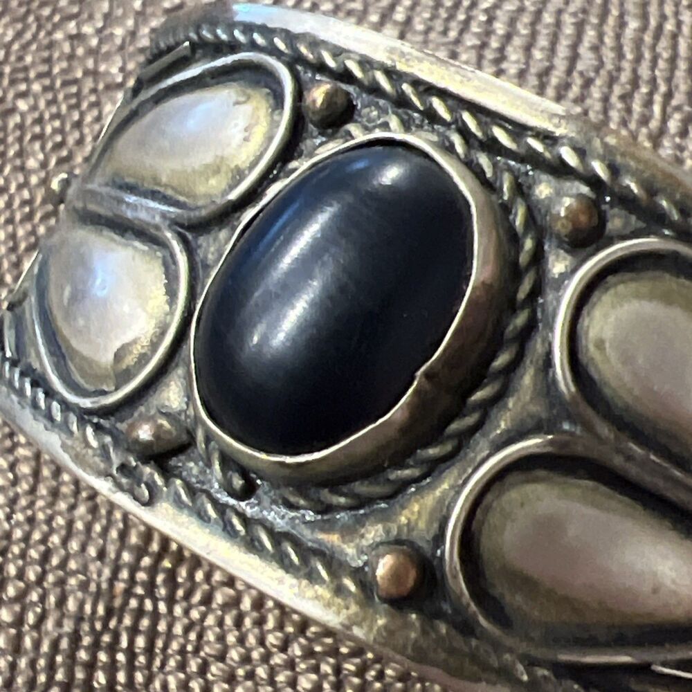 Vintage Moroccan Bracelet Berber Tribal Ethnic Bedouin Bangle Silver Tone Onyx - Picture 6 of 11